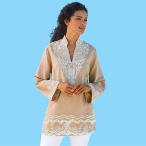 SOFT SURROUNDINGS TAN LINEN & COTTON BLEND EMBROIDERED TUNIC TOP. WOMEN’S SZ L